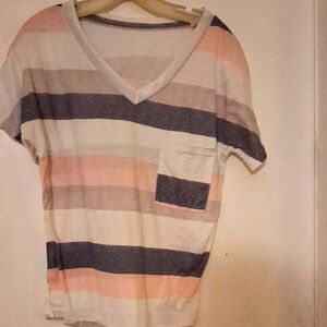 V-Neck Striped Tee with Pocket #161p